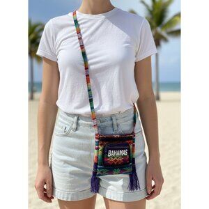 Bahamas Themed Woven Crossbody Bag With Adjustable Strap‎ & Fringe Detail